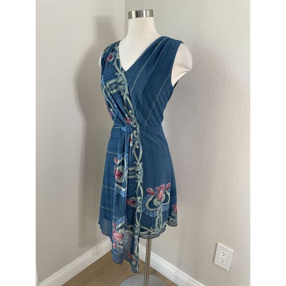 Anna Sui Womens 4 Blue Floral Sleeveless Dress V Neck Asymmetrical Hem - Picture 2 of 9